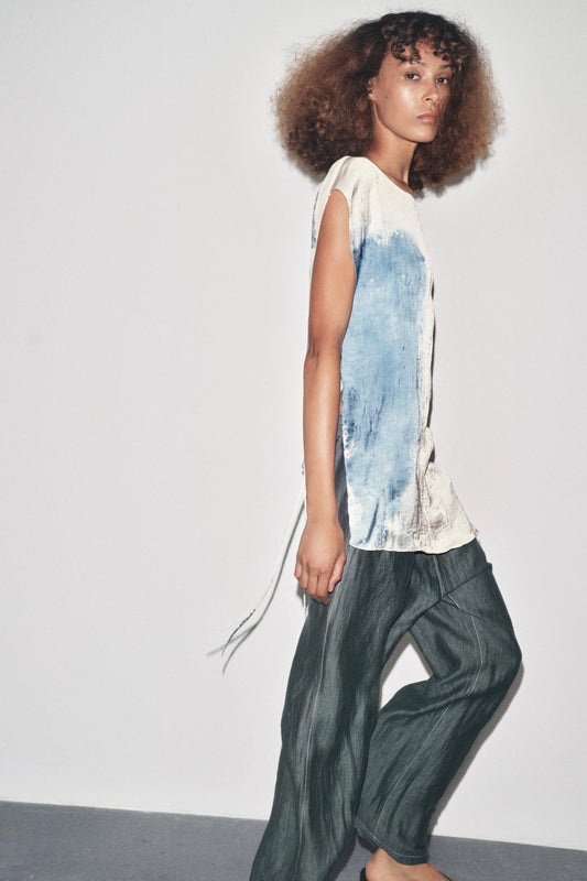 LINEN BLEND TROUSERS WITH CONTRAST STITCHING