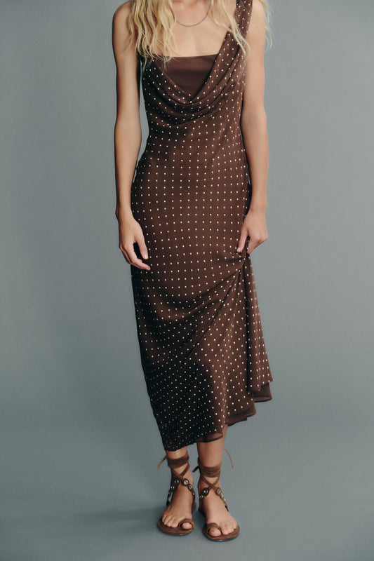DRAPED NECK POLKA DOT DRESS